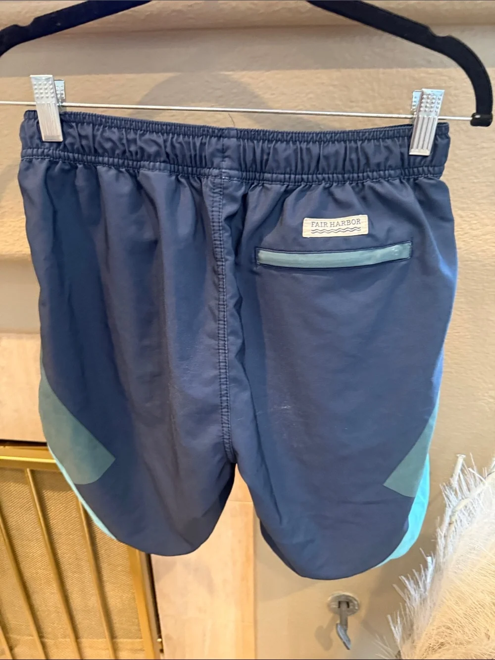 Fair Harbor Size Small Men's Navy Blue Swim Trunks with Aqua Panels